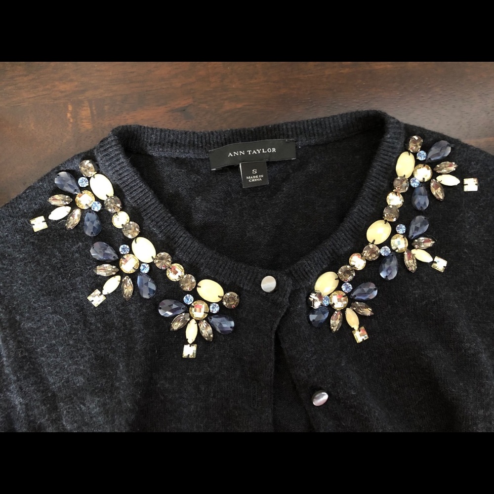 Ann Taylor Jeweled Neck Cardigan Sweater S